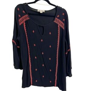 Unity World Wear Women’s Black Boho Peasant Top Embroidery Flutter sleeve 1X